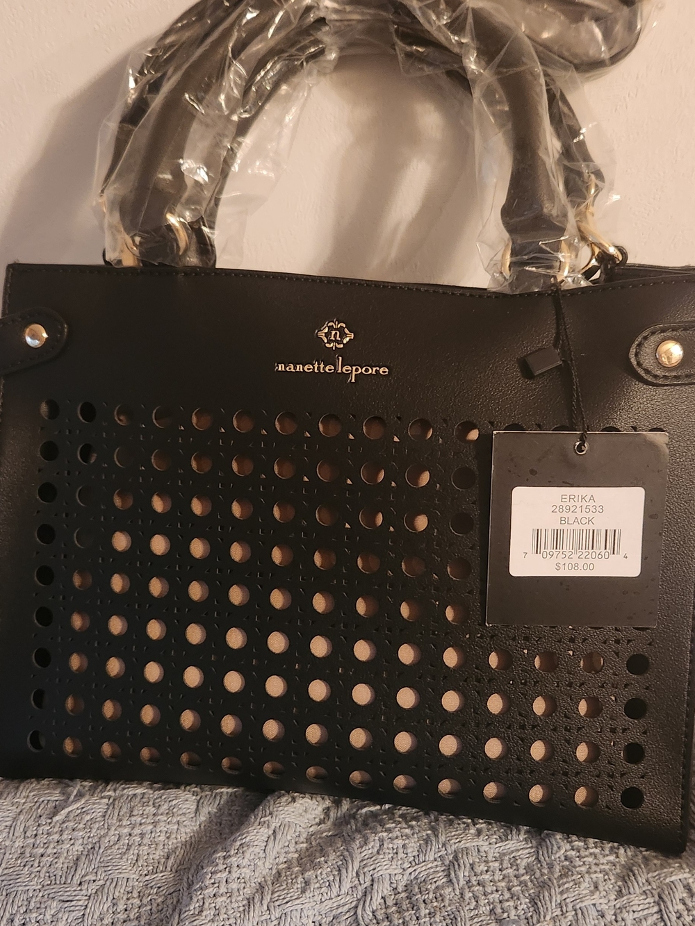 Nanette Lepore Black Perforated Tote with Gold Logo